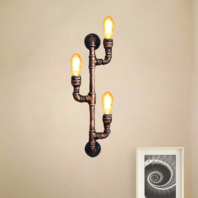 Skørter | Warehouse Water Pipe Wall Lamp with Exposed Light Bulb 2/3 Lights Iron Wall Lamp in Aged Copper