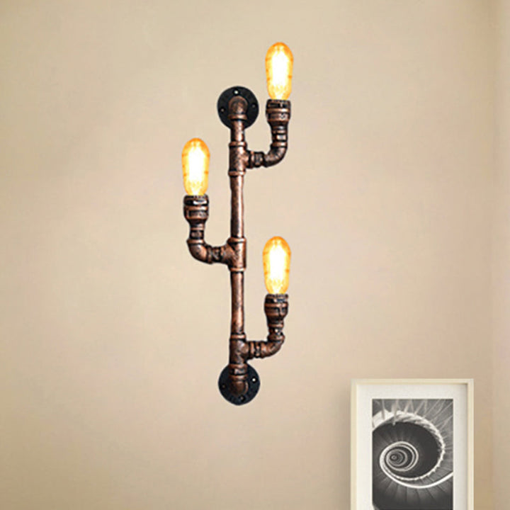 Skørter | Warehouse Water Pipe Wall Lamp with Exposed Light Bulb 2/3 Lights Iron Wall Lamp in Aged Copper