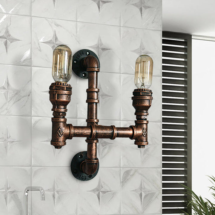 Skørter | Warehouse Water Pipe Wall Lamp with Exposed Light Bulb 2/3 Lights Iron Wall Lamp in Aged Copper