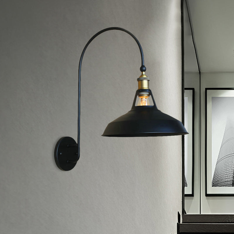 Skørter | Retro style barn/tapered shadow wall lamp 10"/14" B 1 light metal wall lighting with curved arm in black