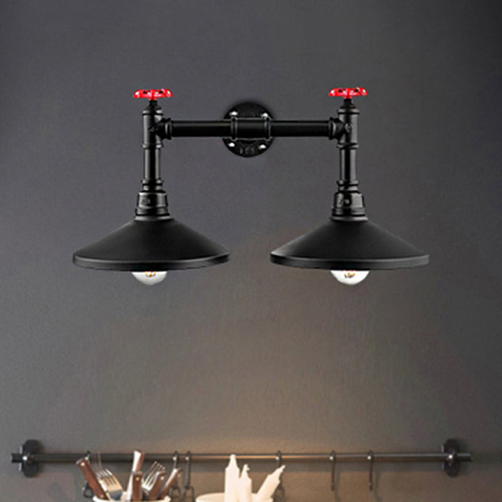 Lisslune | Industrial Cone Wall Lamp with Raw Valve 2 Heads Metal Wall Light in Black for Hallway