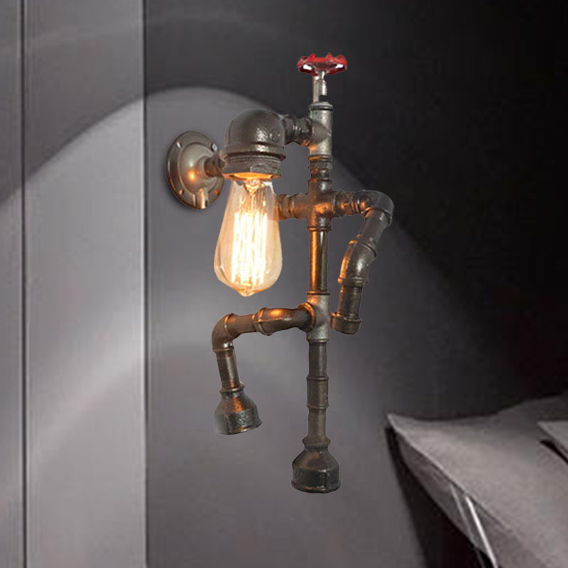 Lisslune | Bronze Finish Robot Sconce Light with Expose Bulb and Red Valve Vintage Metallic 1 Head Corridor Wall Lighting