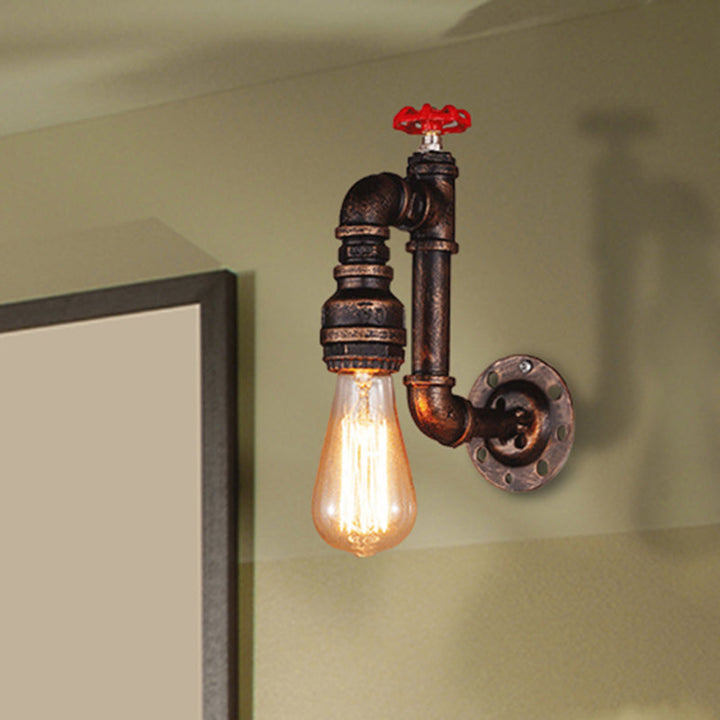 Lisslune | Rustic Style Pipe Wall Sconce with Valve Wheel 1 Bulb Wrought Iron Wall Mounted Light in Bronze