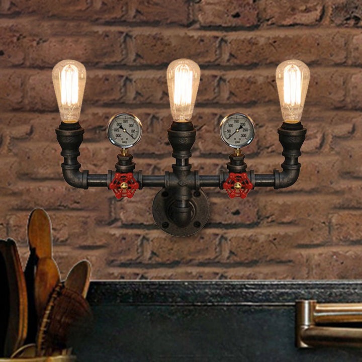 Skørter | 2/3 Lights Wall Mount Light with Pipe and Meter Metal Steampunk Restaurant Wall Lighting in Black