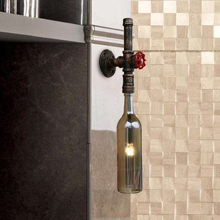 Skørter | Glass wine bottle wall lighting rustic industrial 1 light restaurant blue/transparent wall lamp light with red cap