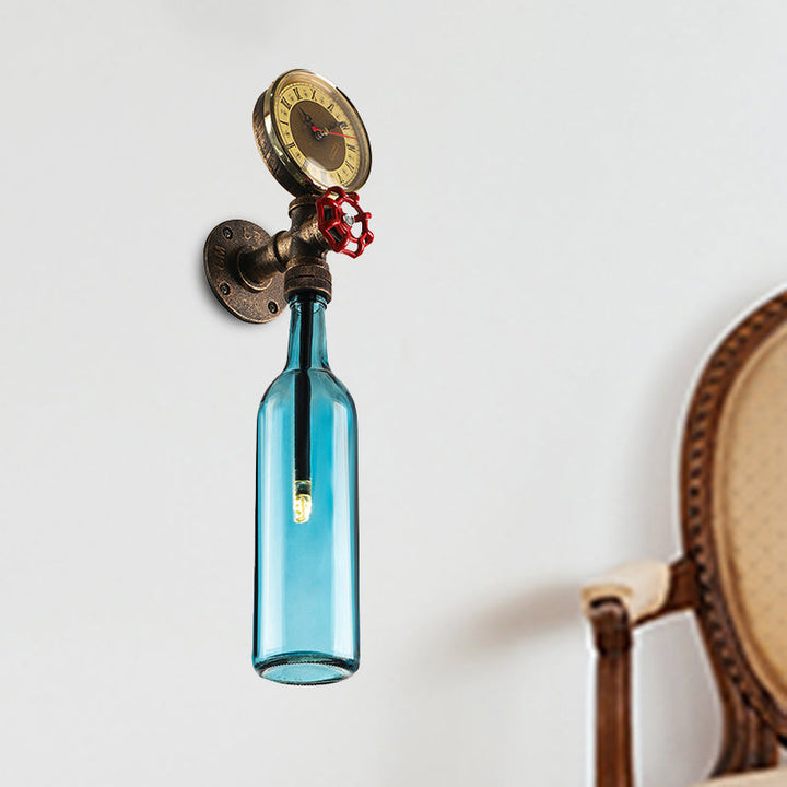 Lisslune | Brown/Blue Bottle Wall Sconce Lamp Vintage Stylish Glass 1 Bulb Living Room Wall Lighting with Manometer and Valve
