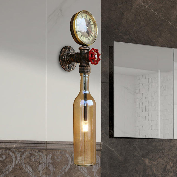 Lisslune | Brown/Blue Bottle Wall Sconce Lamp Vintage Stylish Glass 1 Bulb Living Room Wall Lighting with Manometer and Valve
