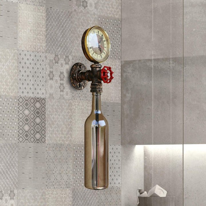Lisslune | Brown/Blue Bottle Wall Sconce Lamp Vintage Stylish Glass 1 Bulb Living Room Wall Lighting with Manometer and Valve