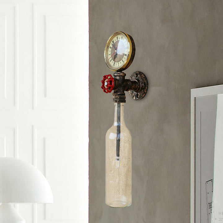 Lisslune | Brown/Blue Bottle Wall Sconce Lamp Vintage Stylish Glass 1 Bulb Living Room Wall Lighting with Manometer and Valve