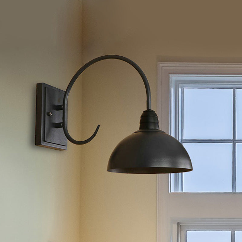 Lisslune | 1 Head Wall Sconce Retro Dome Shade Metal Sconce Light Fixture with Curved Arm in Black