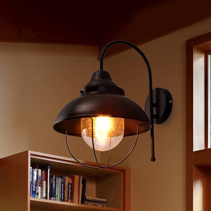 Lisslune | Farmhouse Dome Wall Lamp 1 Light Metal Wall Lighting with Cage and Sawed Glass Shade in Black