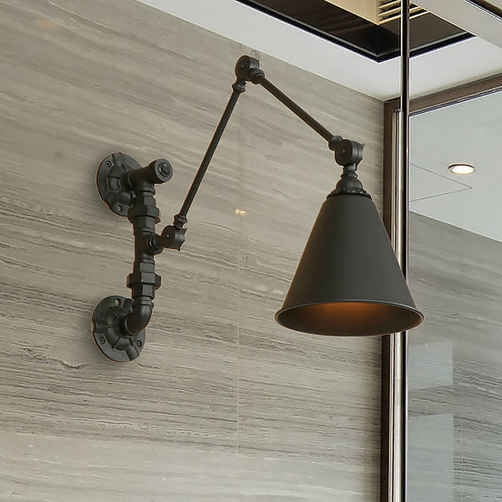 Lisslune | 1 Bulb Swing Arm Wall Lamp Lighting Industrial Black Metal Wall Mount Light with Cone Shade