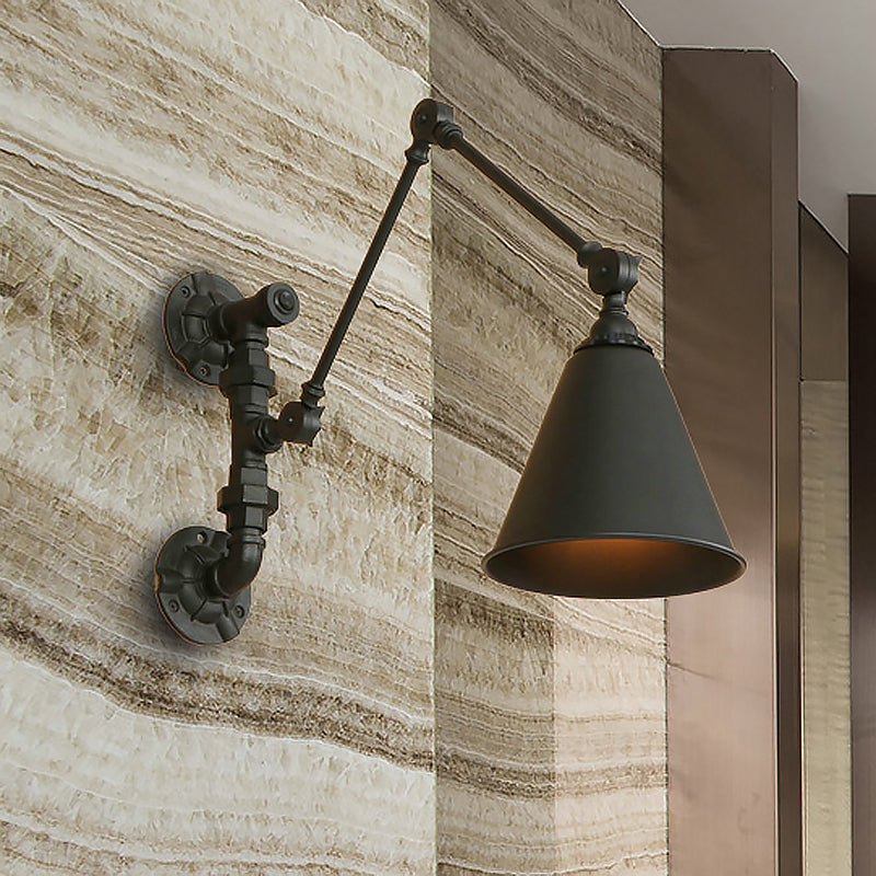 Lisslune | 1 Bulb Swing Arm Wall Lamp Lighting Industrial Black Metal Wall Mount Light with Cone Shade