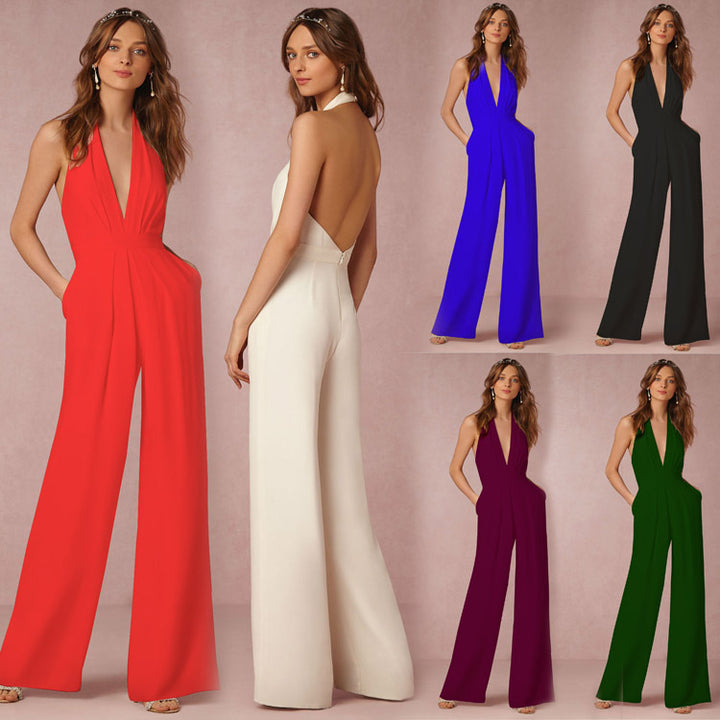 Ladies elegant jumpsuit with deep V-neckline and wide-leg silhouette Lisslune