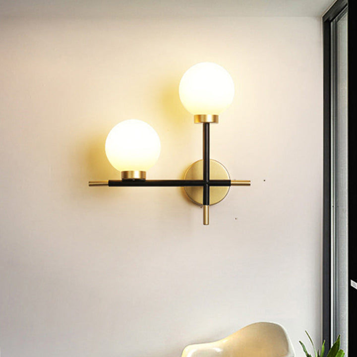 Lisslune | 2-Bulb Frosted Glass Wall Light Modern Black Double Sphere Living Room Wall Lamp with Cross Design