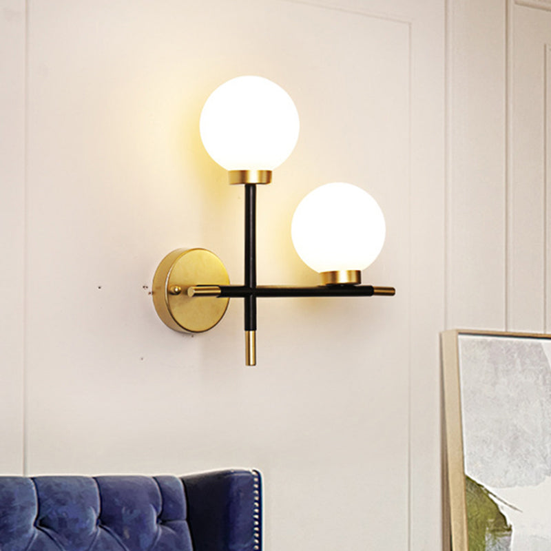 Lisslune | 2-Bulb Frosted Glass Wall Light Modern Black Double Sphere Living Room Wall Lamp with Cross Design