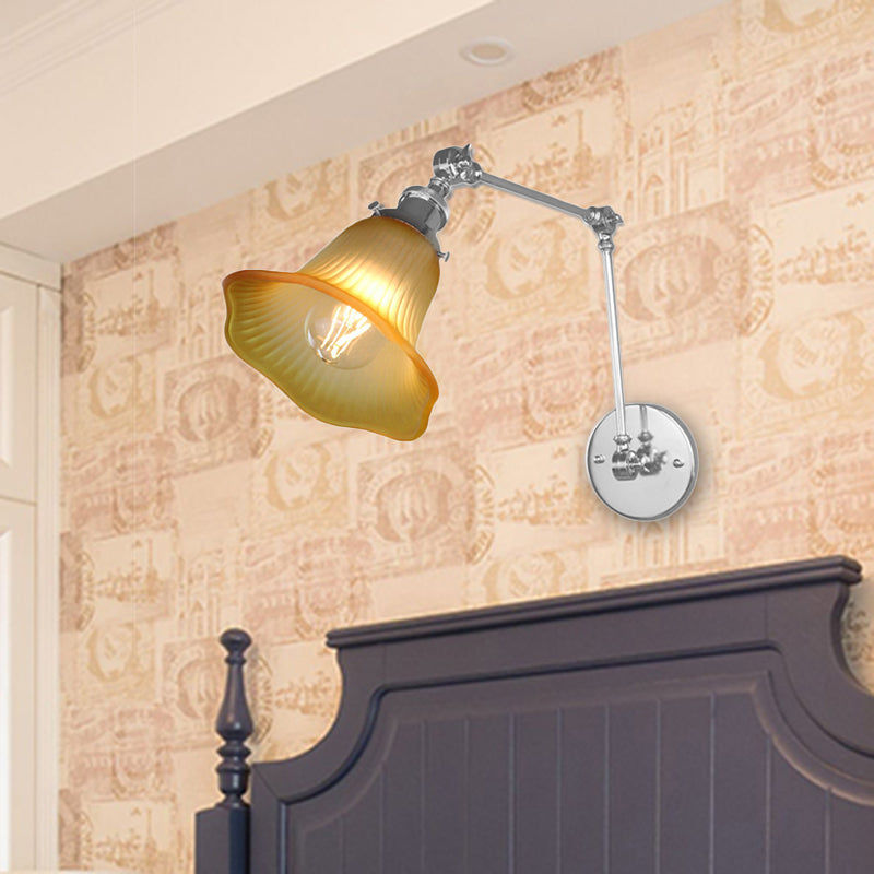 Lisslune | 1 Light Flare Wall Light Fixture Industrial Design Chrome Amber Textured Glass Wall Lamp for Bedroom