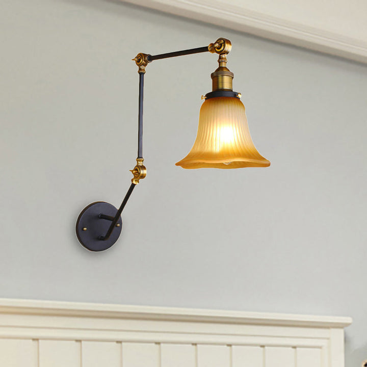 Lisslune | Amber Glass Black Wall Sconce Lighting Bell Shade 1-Light Industrial Light Fixture with Adjustable Arm