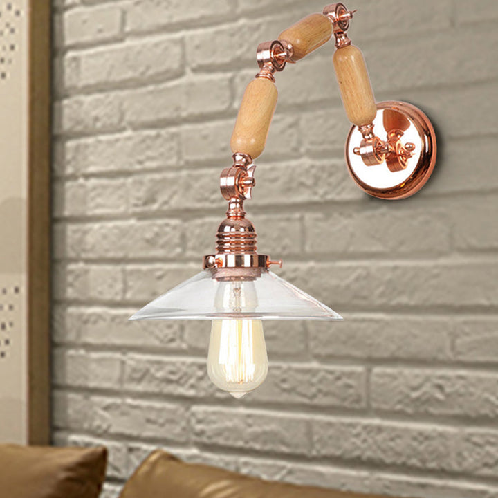 Lisslune | Cone-shaped Clear Glass Wall Lamp Vintage Single Bulb Living Room Sconces Light in Rose Gold with Arm