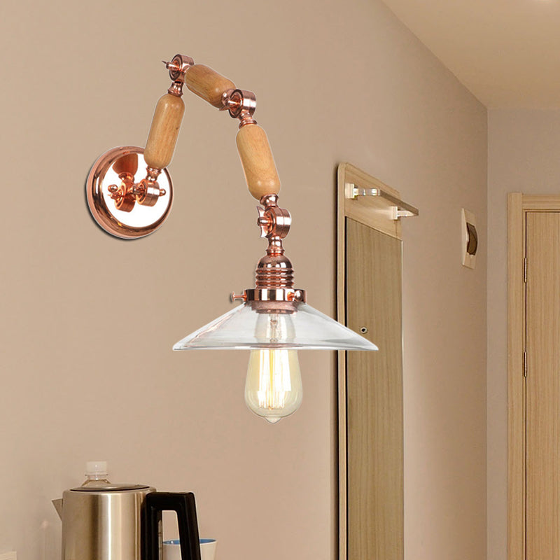 Lisslune | Cone-shaped Clear Glass Wall Lamp Vintage Single Bulb Living Room Sconces Light in Rose Gold with Arm