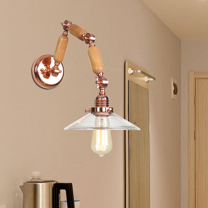 Lisslune | Cone-shaped Clear Glass Wall Lamp Vintage Single Bulb Living Room Sconces Light in Rose Gold with Arm