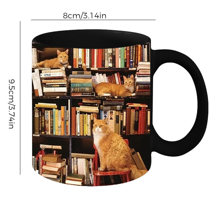 Lisslune | Bookshelf Ceramic Coffee Mug - Gift for Cat Book Lovers