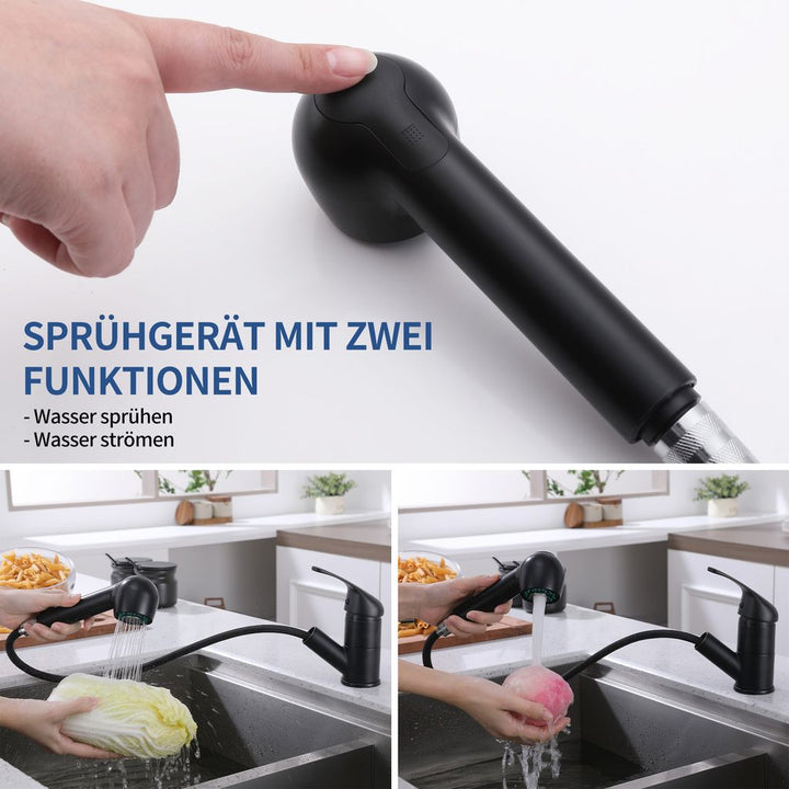 Lisslune | Black Faucet Kitchen, Kitchen Faucets with 2 Spray Types Faucet with Pull-Out Spray, Mixing Valve Kitchen for Dual Sink