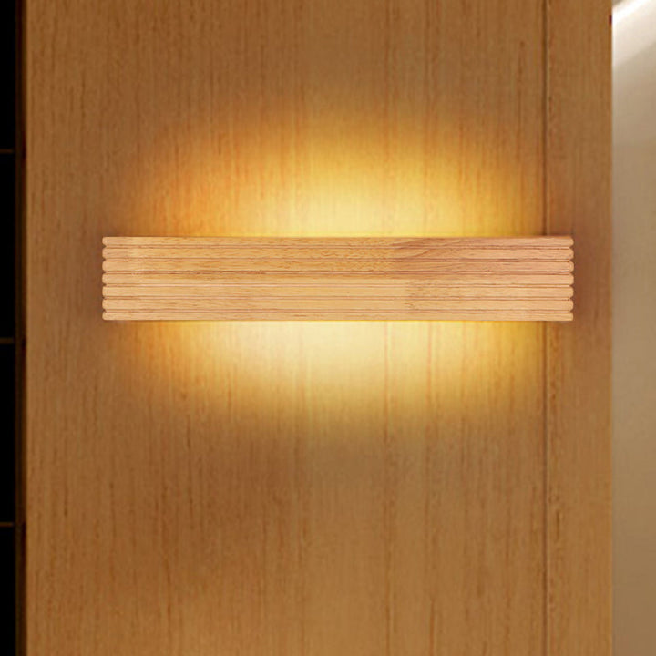 Skørter | Striped bedroom wall lamp contemporary wooden 14"/18"/21.5" wide single head beige LED up and down light fixture in warm/white light