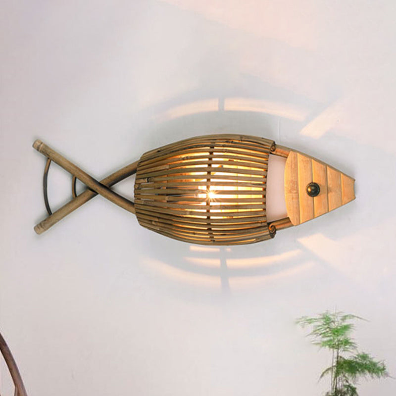 Lisslune | Tropical Style Fish Design Wall Mounted Light Bamboo 1-Light Dining Room Wall Lamp Lighting in Wood