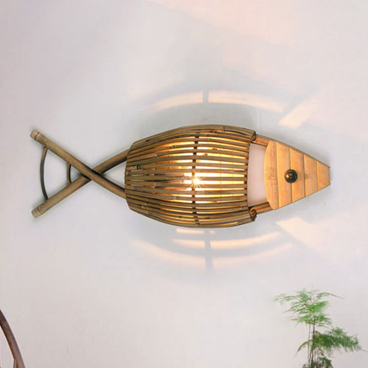 Lisslune | Tropical Style Fish Design Wall Mounted Light Bamboo 1-Light Dining Room Wall Lamp Lighting in Wood
