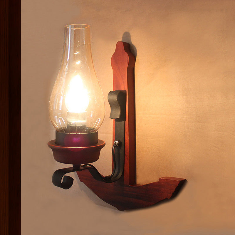 Lisslune | Vase Porch Wall Lamp Light Fixture Industrial Clear Glass Red Colored Wall Lamp with Wooden Back Plate