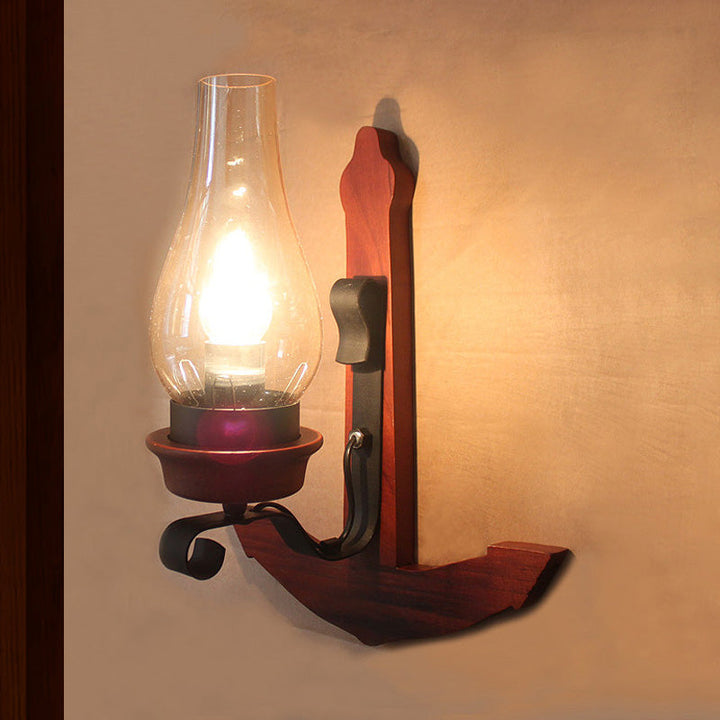 Lisslune | Vase Porch Wall Lamp Light Fixture Industrial Clear Glass Red Colored Wall Lamp with Wooden Back Plate