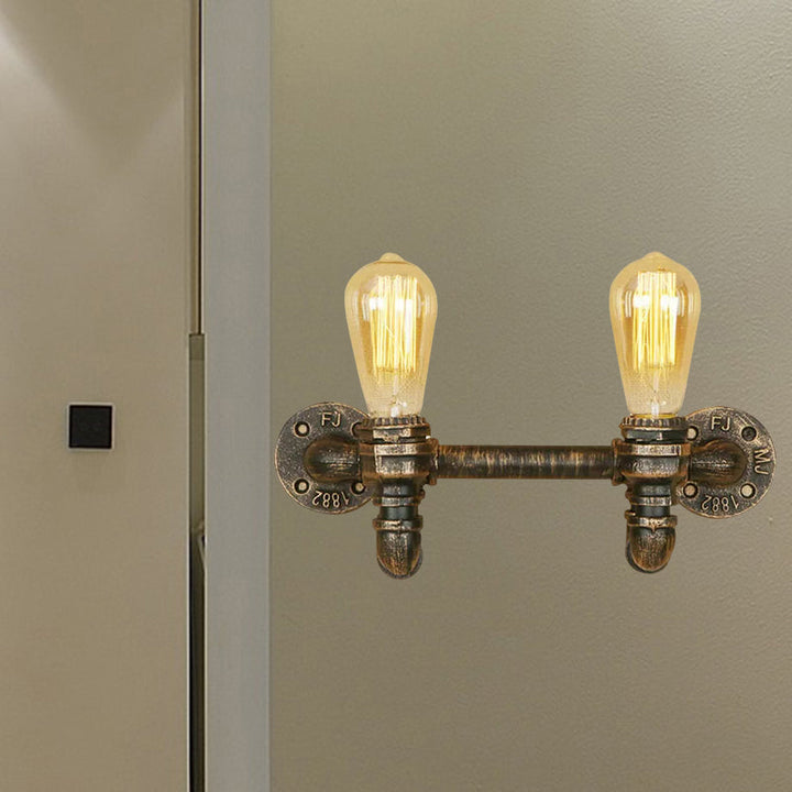 Lisslune | Aged Brass 2 Lights Wall Sconce Light Rustic Industrial Wrought Iron Exposed Wall Mount Light