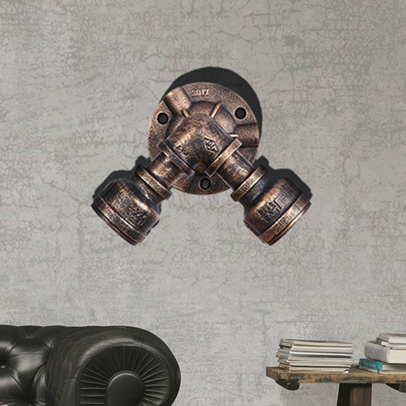 Lisslune | 2 Heads Wall Lamp Fixture with Pipe Forged Iron Shade Rustic Style Living Room Wall Lamp Light in Aged Bronze