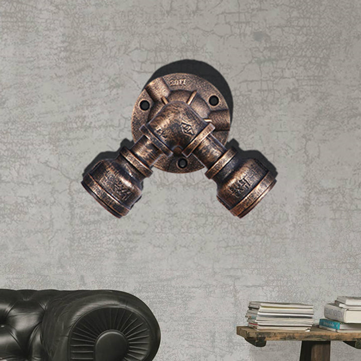 Lisslune | 2 Heads Wall Lamp Fixture with Pipe Forged Iron Shade Rustic Style Living Room Wall Lamp Light in Aged Bronze