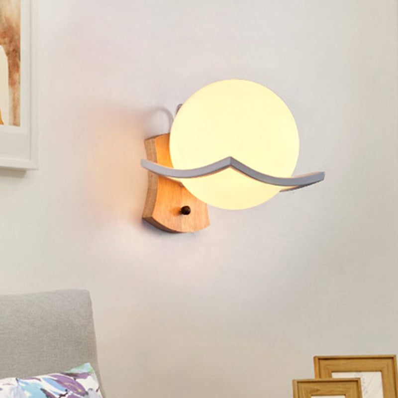 Lisslune | Wood One Light Wall Lamp Nordic White Glass Globe Lighting Fixture for Living Room