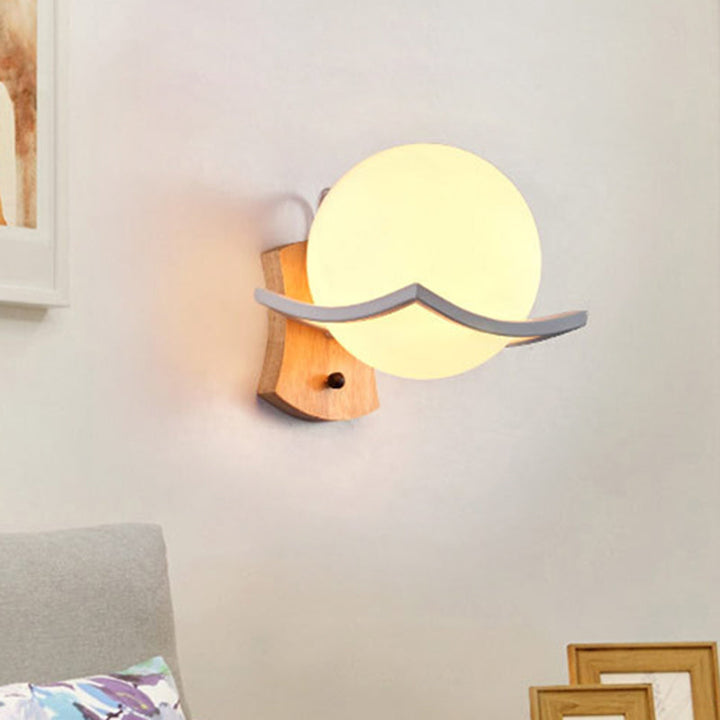 Lisslune | Wood One Light Wall Lamp Nordic White Glass Globe Lighting Fixture for Living Room