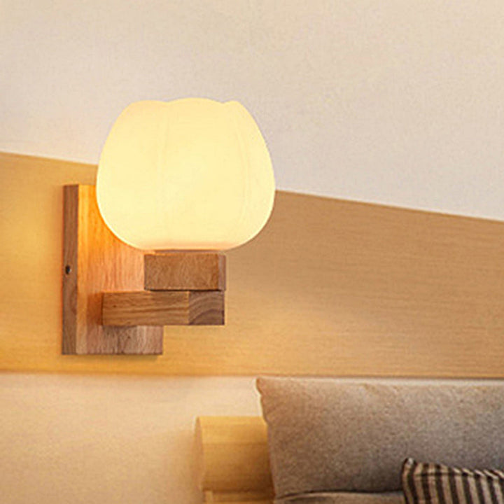 Lisslune | Single Bulb Opal Glass Wall Light Nordic Wood Bowl Bedroom Lighting Fixture