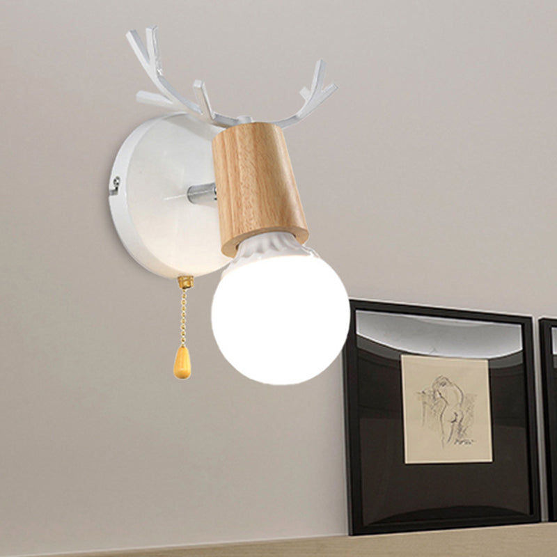 Lisslune | 1 Light Bare Bulb Wall Lamp Modern Style Black/White Finish Metal and Wood Wall Lighting with Deer Side