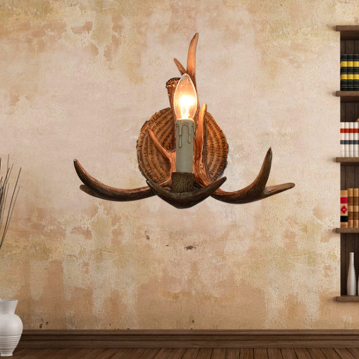 Skørter | Resin Candle Holder Wall Lamp with Deer Antlers Deco 1 Head Rustic Wall Lighting in Brown for Cottage