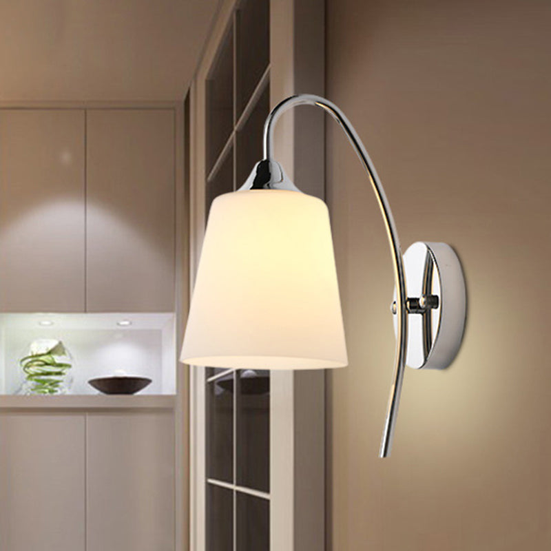 Lisslune | Bell Milk Glass Wall Light Modernist 1 Light Chrome Wall Mounted Lamp with Curved Arm