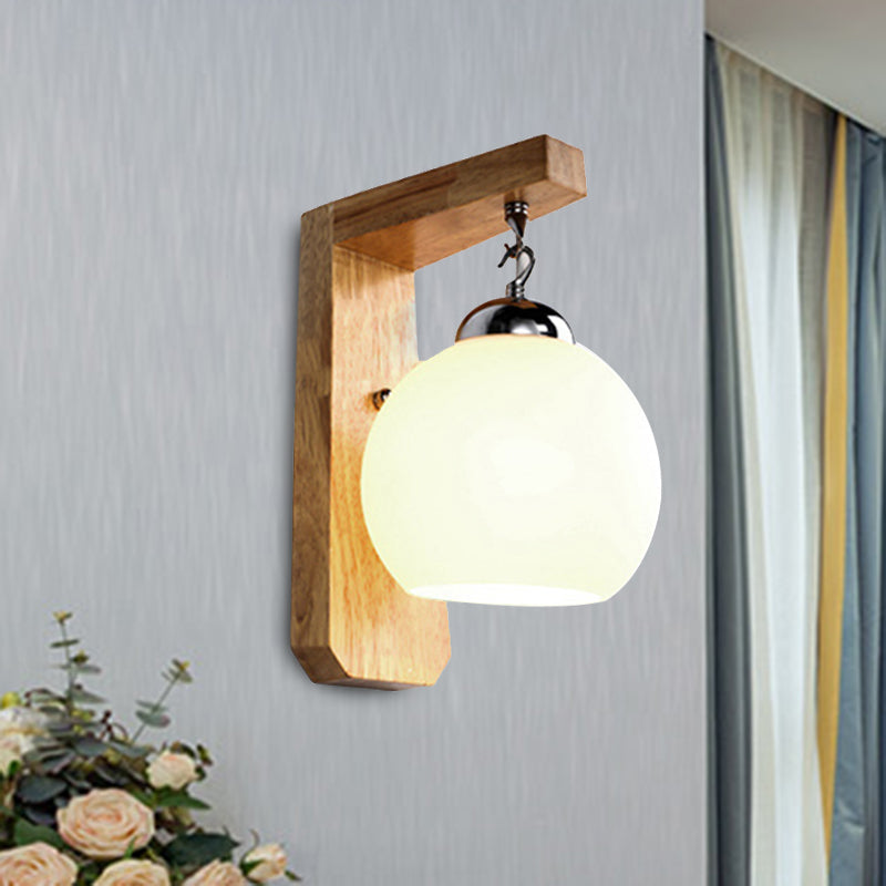 Lisslune | Modern Globe Pendant Light Opal Glass 1-Bulb White Wall Lamp with Wooden Base for the Bedroom