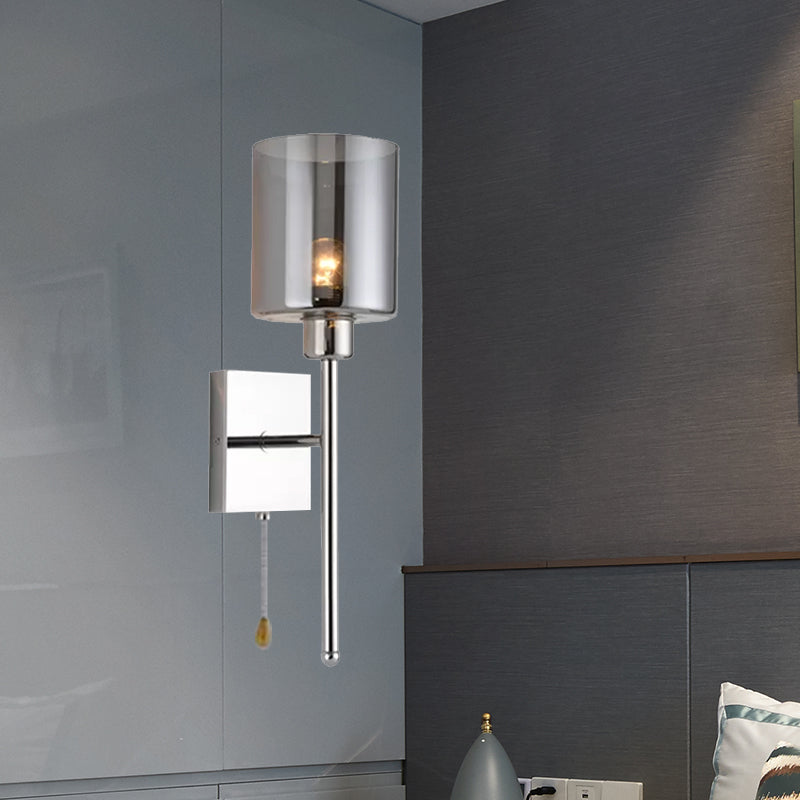 Lisslune | Beige/Chrome Cylindrical Wall Light Modern 1 Light Smoke/Clear Glass Wall Mount Light with Switch/No Switch/Cable Switch