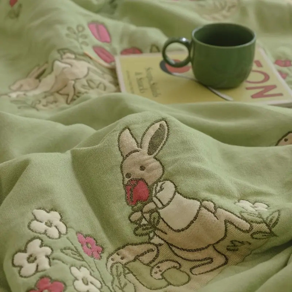 Lisslune | Embroidered Bunny Floral Cotton Blanket