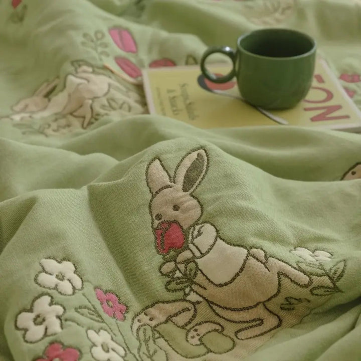 Lisslune | Embroidered Bunny Floral Cotton Blanket