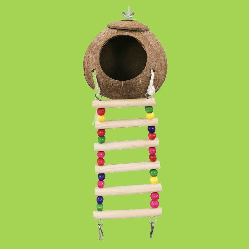 Lisslune | Coconut Shell Bird Nest with Wood Ladders, for Parrot, Budgies, Parakeet, Canary, Finch, Hamster, Rat