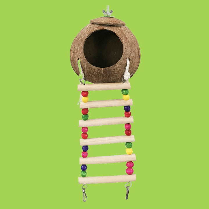 Lisslune | Coconut Shell Bird Nest with Wood Ladders, for Parrot, Budgies, Parakeet, Canary, Finch, Hamster, Rat