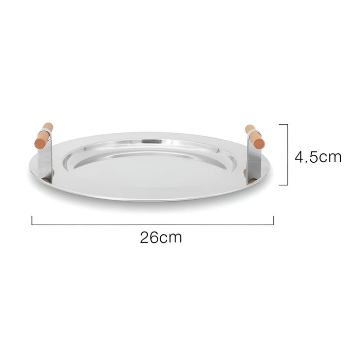 Lisslune | Elegant Stainless Steel Round Tray with Wooden Handles