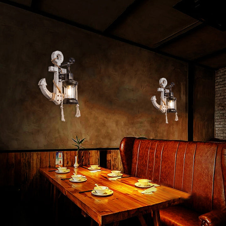 Lisslune | Rustic Wood Anchor Wall Lamp with Lantern