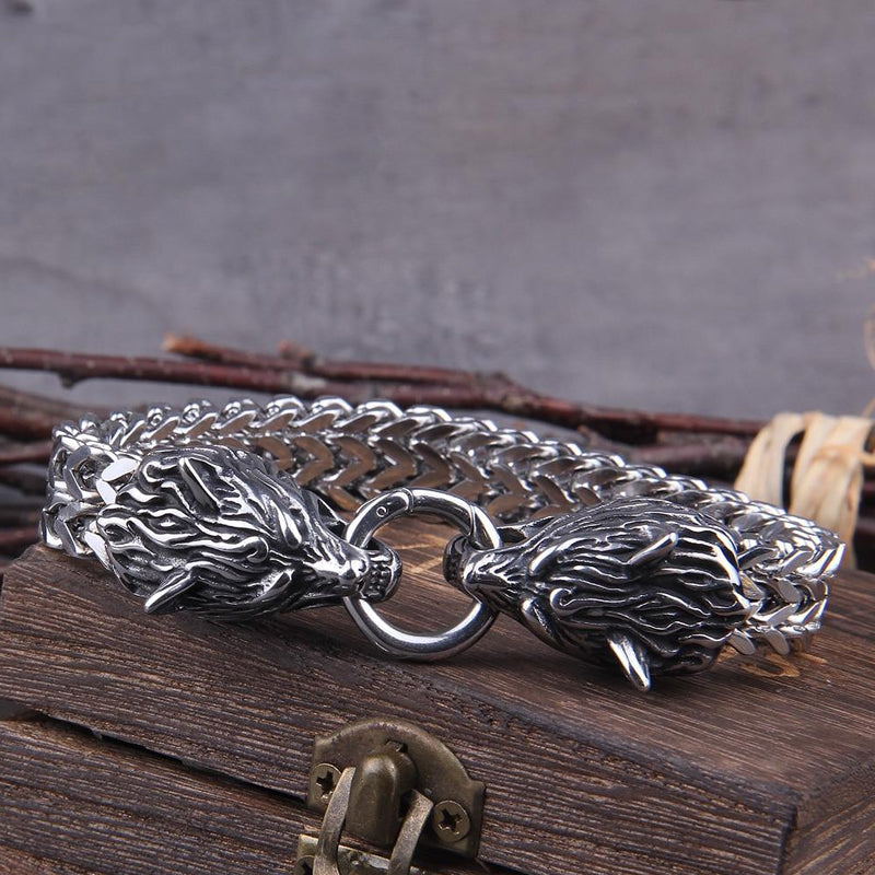 Lisslune | Viking Stainless Steel Double Wolf Head Fenrir Bracelet